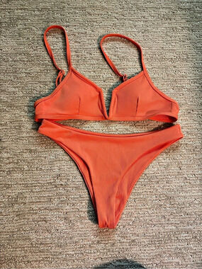 Zaful Ribbed Bikini Set in Orange Size Small